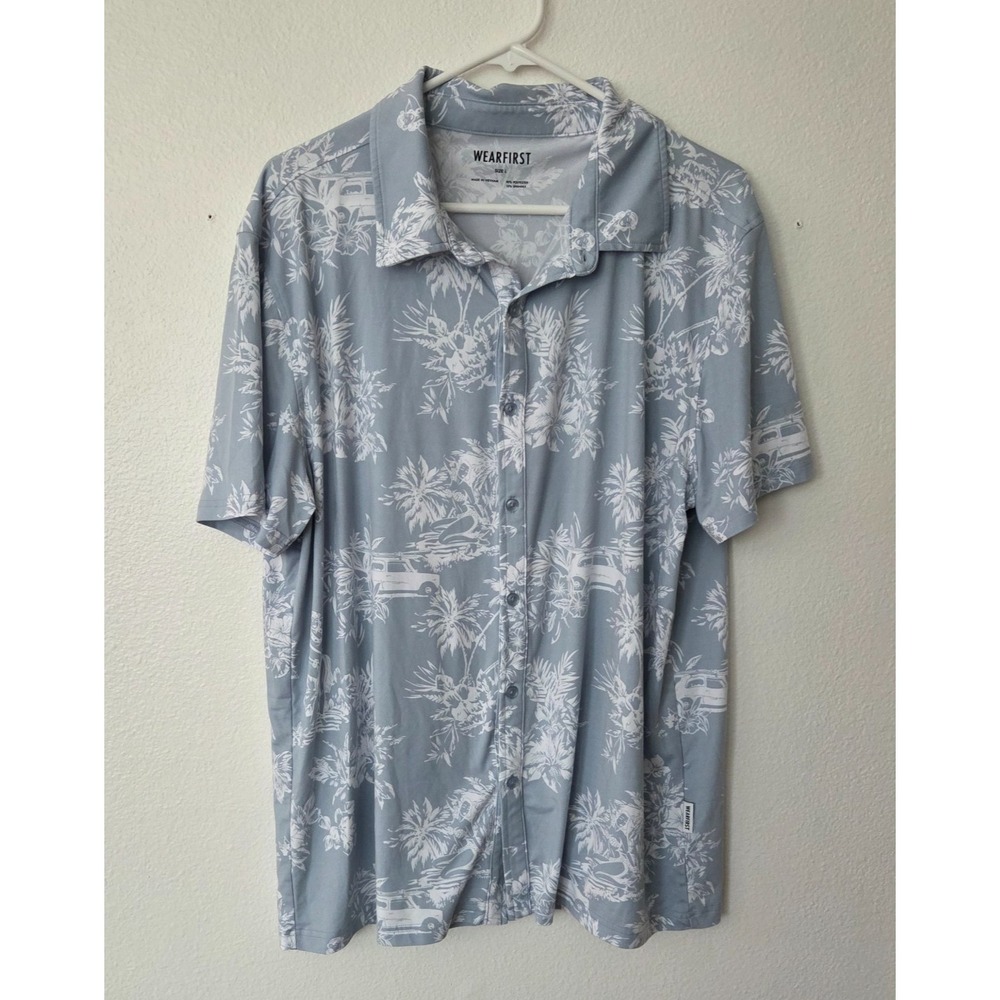 Wearfirst Performance Mens Button Short Sleeve Surfing Hula Palm Tree Blue Shirt